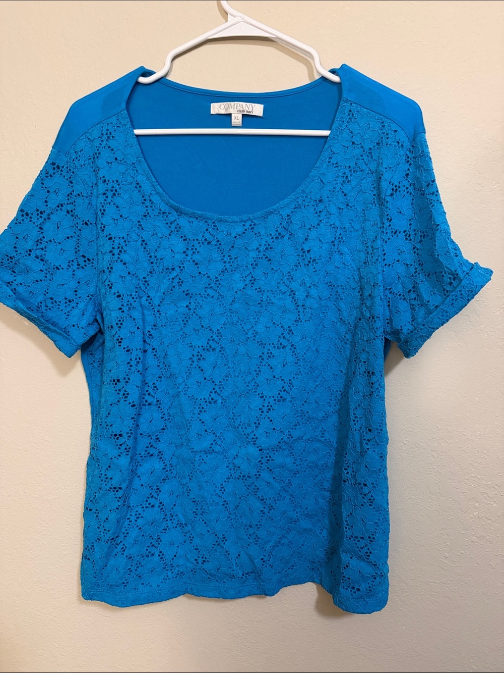 Ellen Tracy Bright Blue Lace Short Sleeve Tee